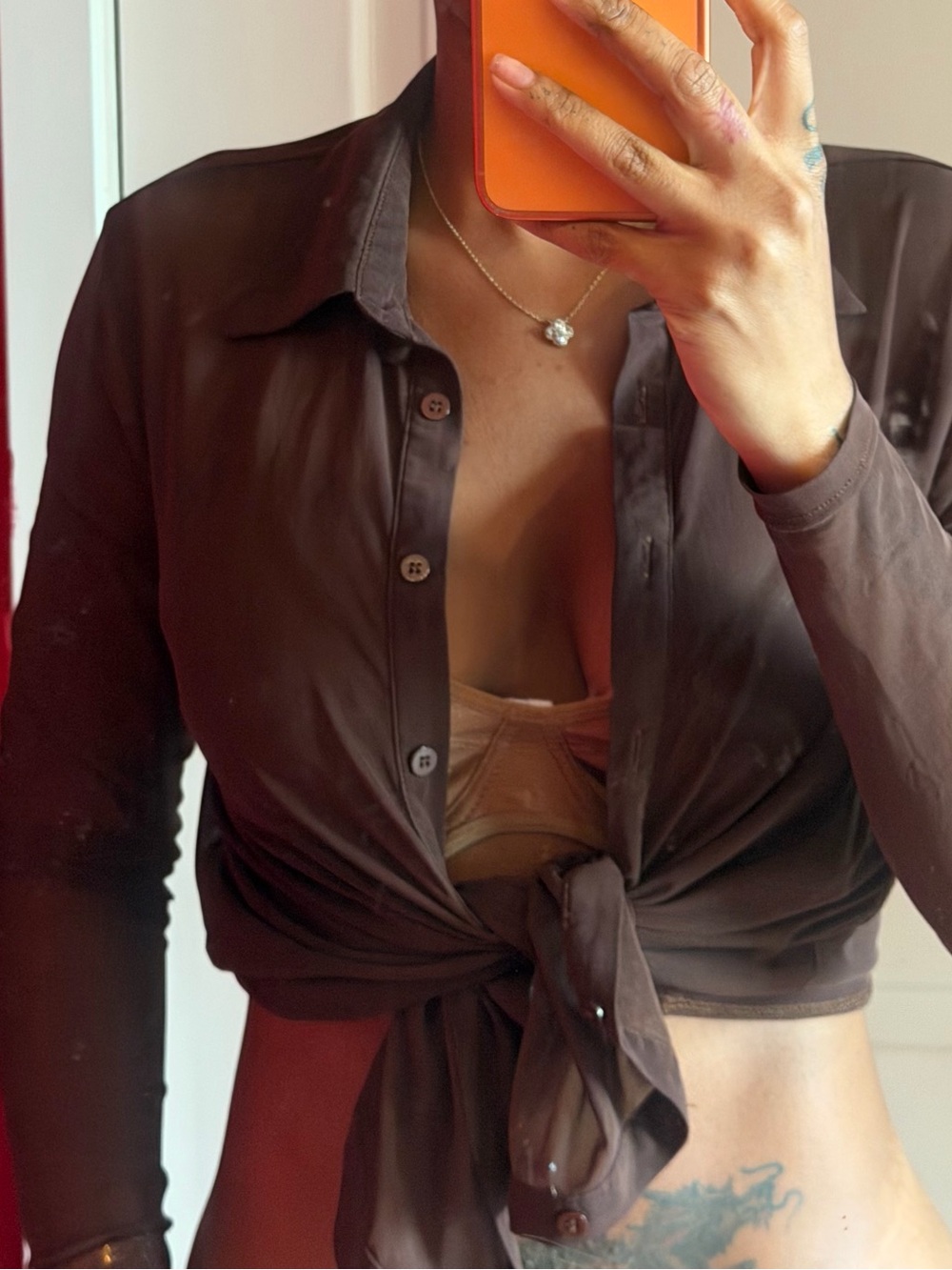 Sheer Long-Sleeve Tie-Front Women’s Top - Brown